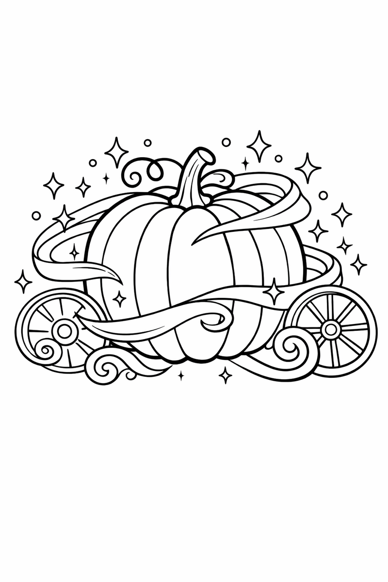 A round garden pumpkin mid transformation swirling with sparkles and magic ribbons as wheels begin to form coloring page