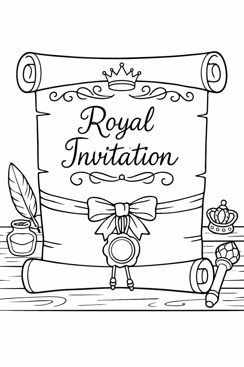An unrolled royal invitation scroll with fancy lettering, a dangling wax seal and a tied ribbon on a table coloring page