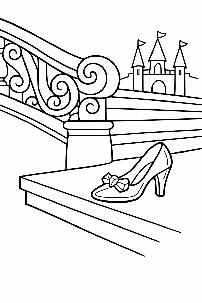 A single dainty glass slipper left behind on the edge of a grand palace staircase step with a scrolled railing coloring page