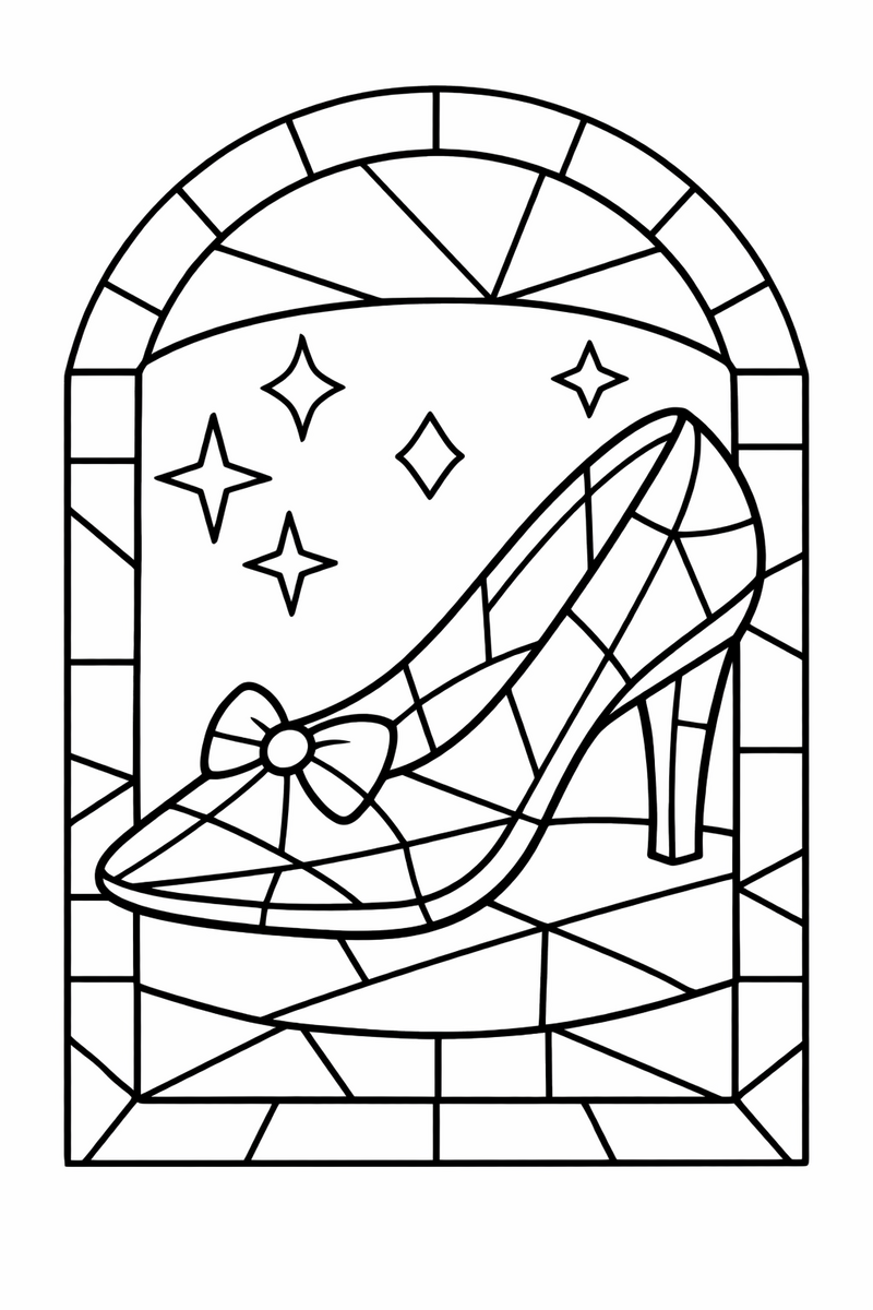 A glass slipper rendered as a stained glass panel with bold leaded outlines dividing it into geometric colored facets coloring page