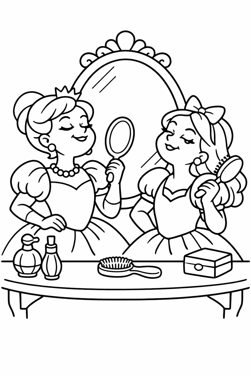 Two proud stepsisters primping at a vanity table with an oval mirror, hairbrush and perfume bottles coloring page