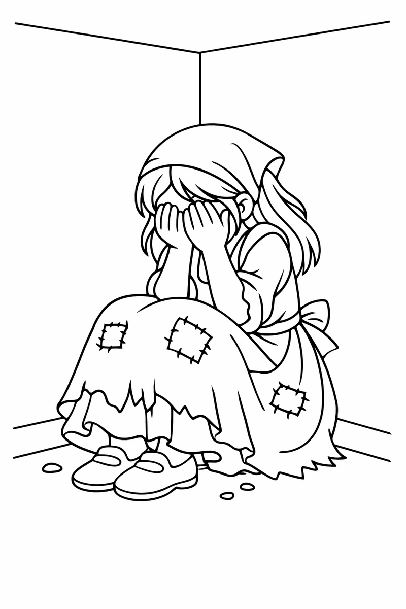 A sad maiden in a patched and torn work dress covering her face in tears in a bare corner before any magic coloring page
