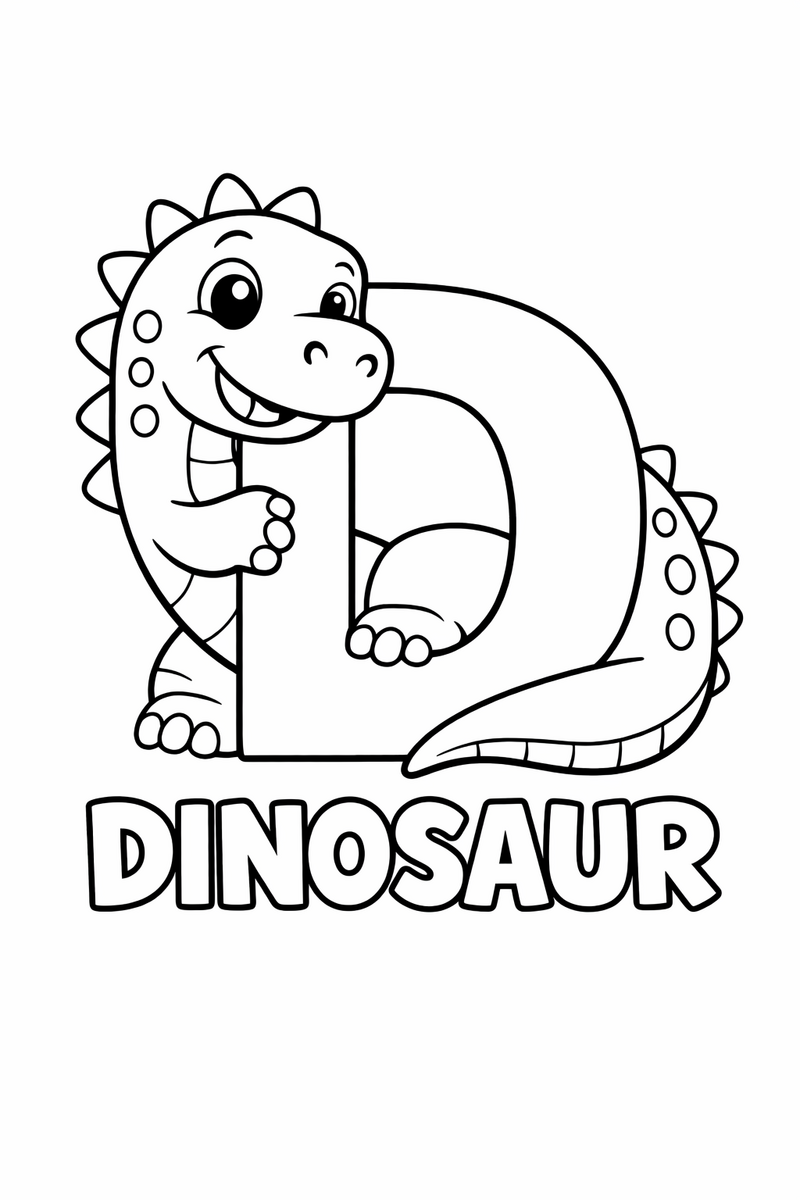 A big capital letter D decorated with a cartoon dinosaur curling around it and the word DINOSAUR below coloring page