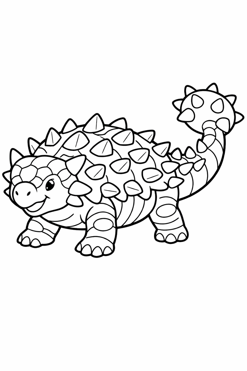 A stout ankylosaurus covered in bony plates and spikes swinging the heavy club at the end of its tail coloring page