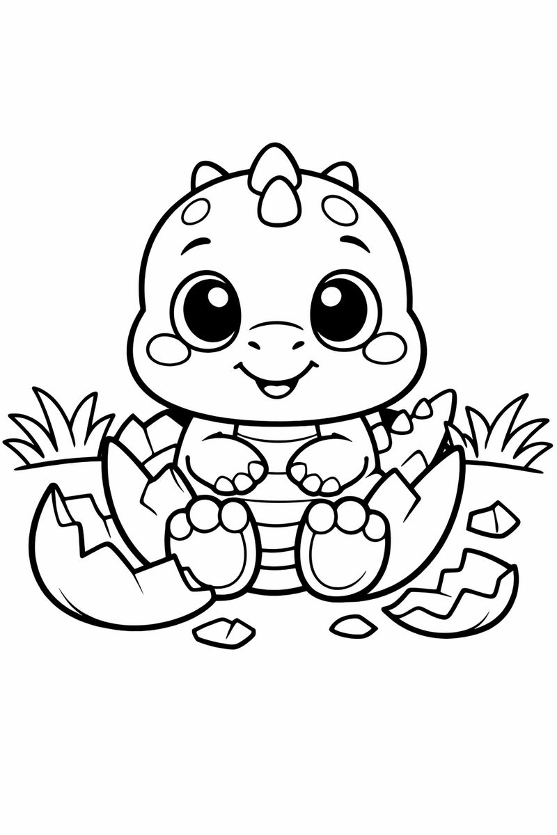 A round-cheeked baby dinosaur sitting with big eyes and stubby legs on its first day out of the egg coloring page