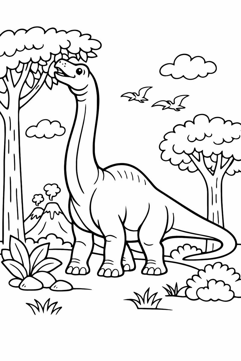 A towering brachiosaurus reaching its head high into the treetops on sloping shoulders coloring page