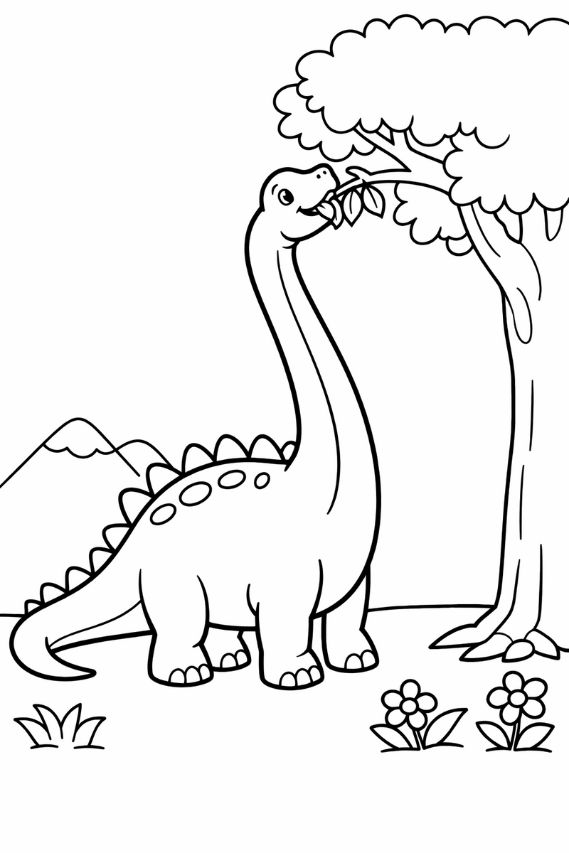 A gentle brontosaurus stretching its very long neck up to nibble leaves from a treetop coloring page