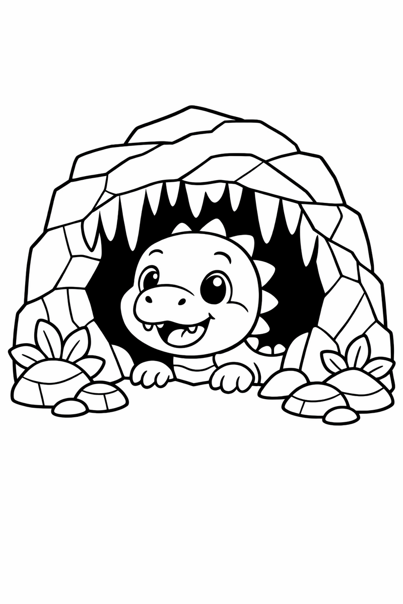 A little dinosaur peeking out from the mouth of a rocky cave with stalactites hanging above coloring page