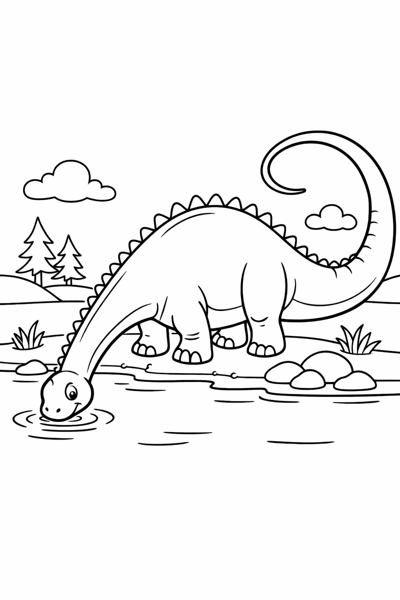 A long diplodocus lowering its head to sip from a calm lake with its whip-like tail curving coloring page