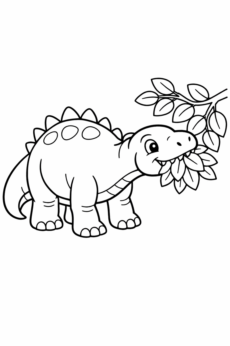 A leaf-eating dinosaur bending its neck to pull a mouthful of foliage from a leafy branch coloring page