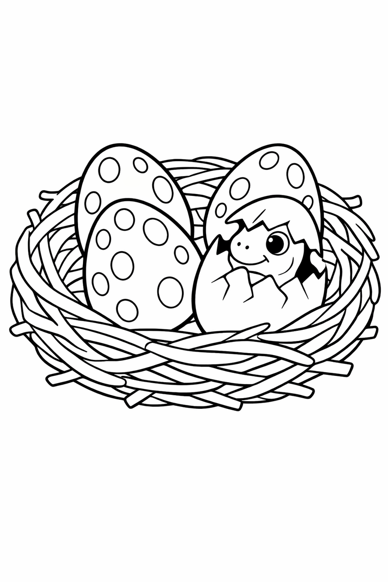 A round nest of twigs cradling four speckled dinosaur eggs with one beginning to crack open coloring page