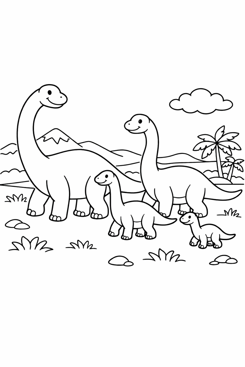 A small herd of long-necked dinosaurs of different sizes walking together across an open plain coloring page