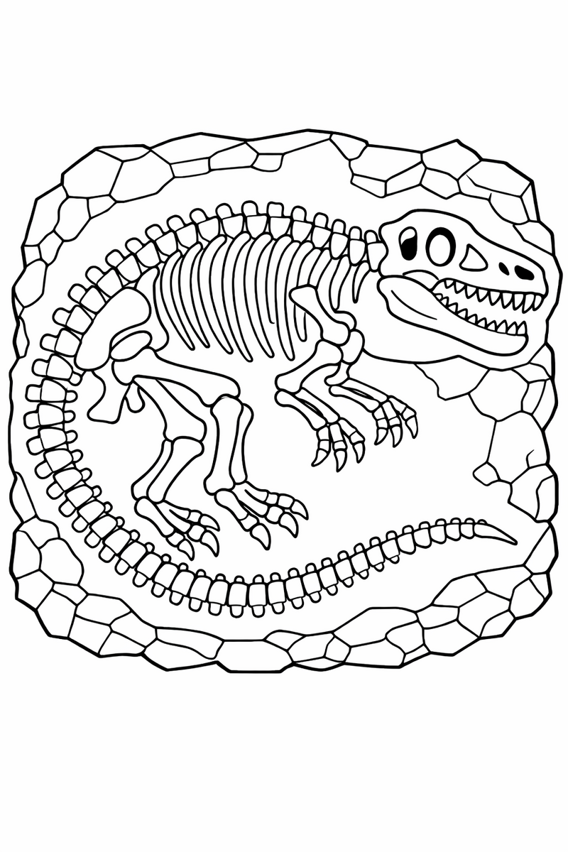 A complete dinosaur skeleton fossilized in the rock with its curved spine, ribs and long jaw traced bone by bone coloring page
