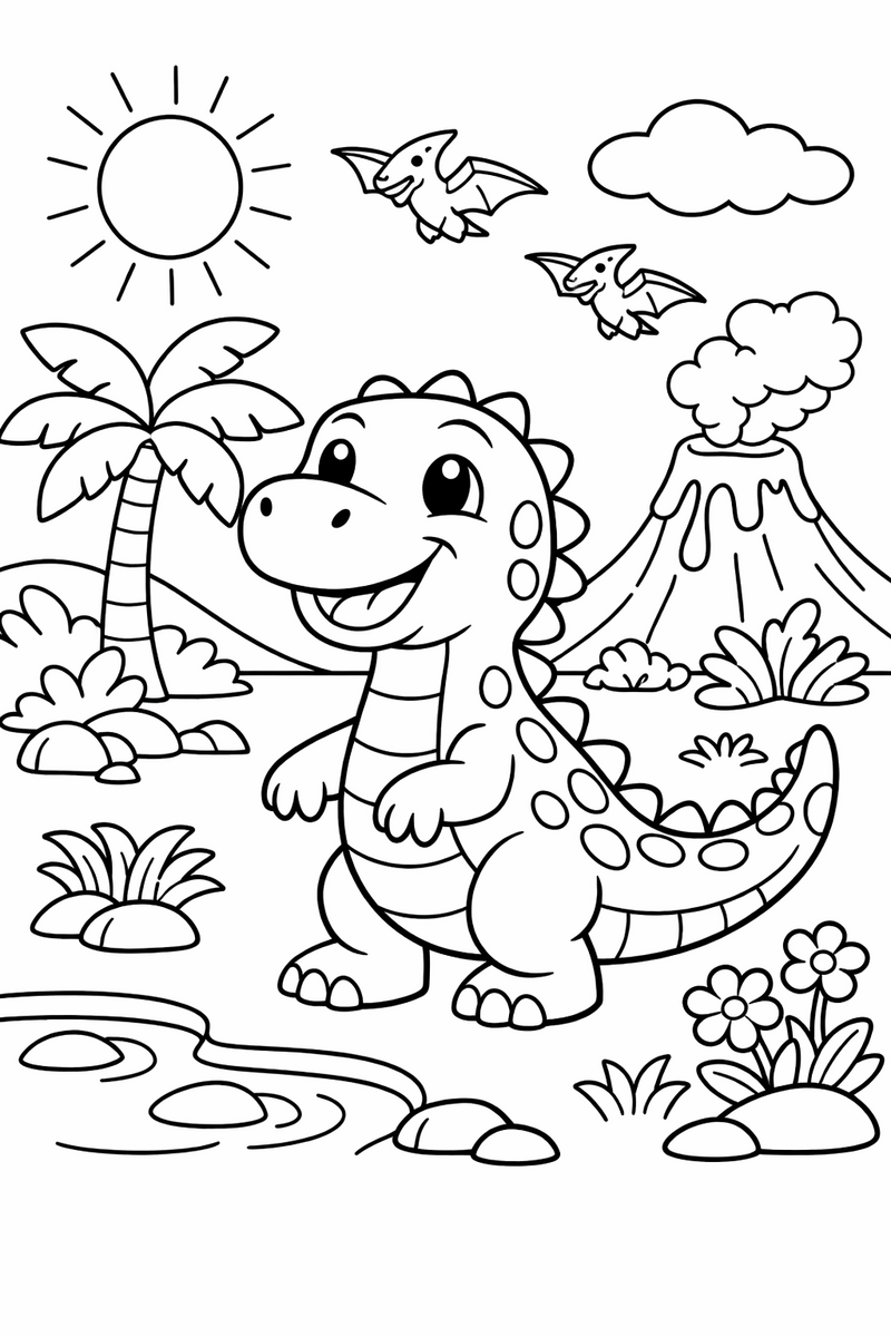 Dibujo de dinosaurio feliz en la naturaleza para colorear