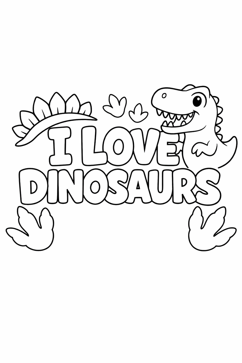 The words I LOVE DINOSAURS in chunky bubble letters framed by a T-Rex, a stegosaurus plate and footprints coloring page