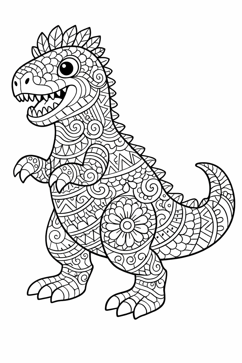 A standing dinosaur filled with intricate zentangle patterns of scales, swirls and dots from crest to tail coloring page
