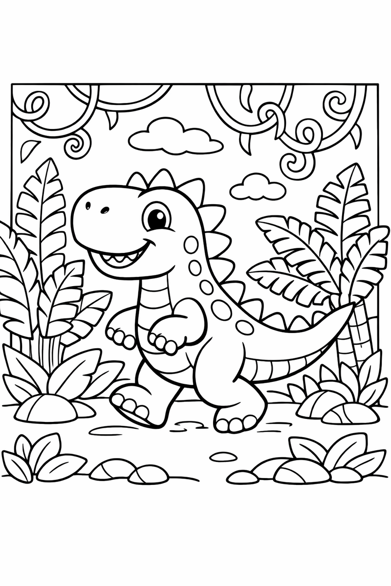 A happy dinosaur strolling through a leafy prehistoric jungle with tall ferns and curling vines coloring page