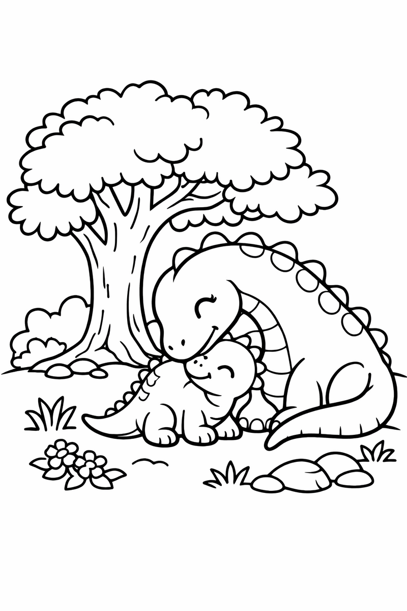 Dibujo de una mamá dinosaurio mimando a su bebé bajo un gran árbol frondoso para colorear