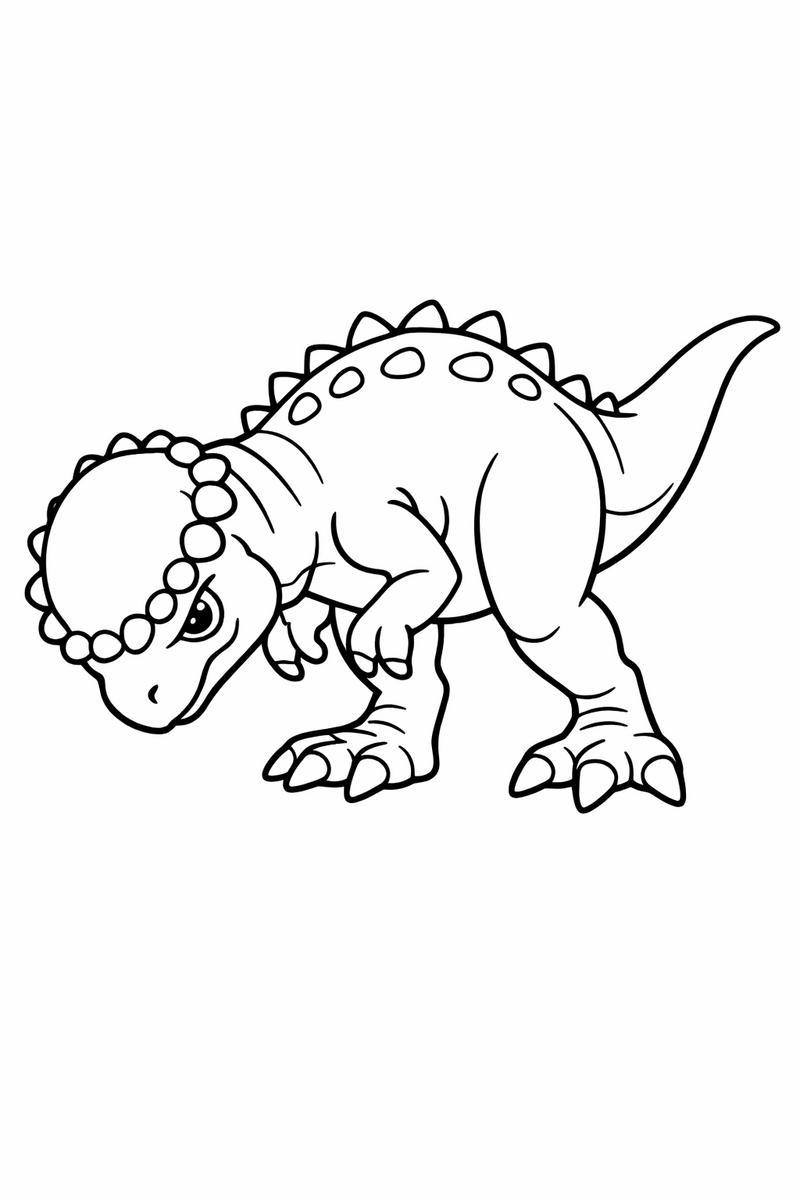 A pachycephalosaurus lowering its thick domed head ringed with little bumps and standing on two legs coloring page