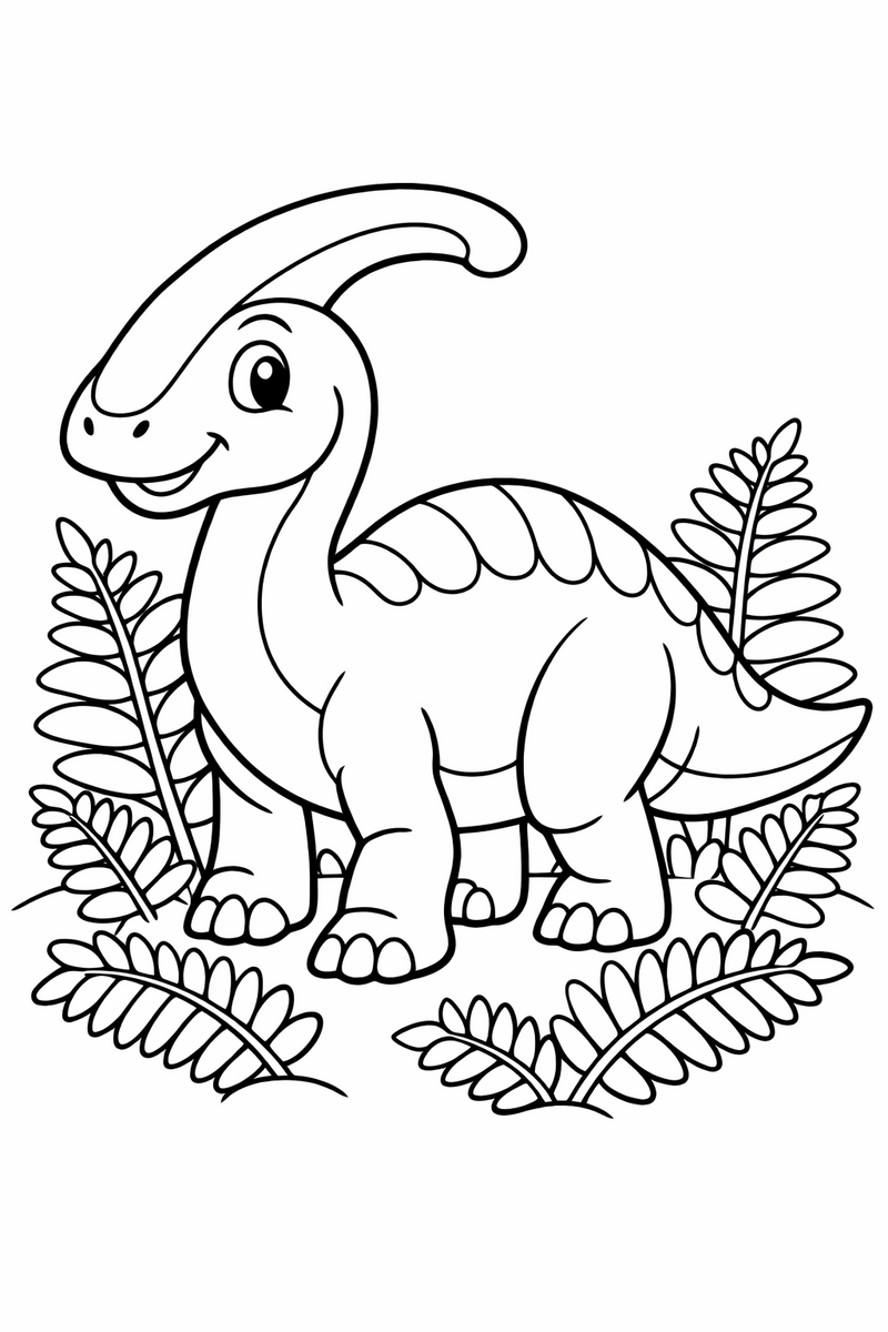 A friendly parasaurolophus curving its long tube-shaped head crest back over its neck among ferns coloring page