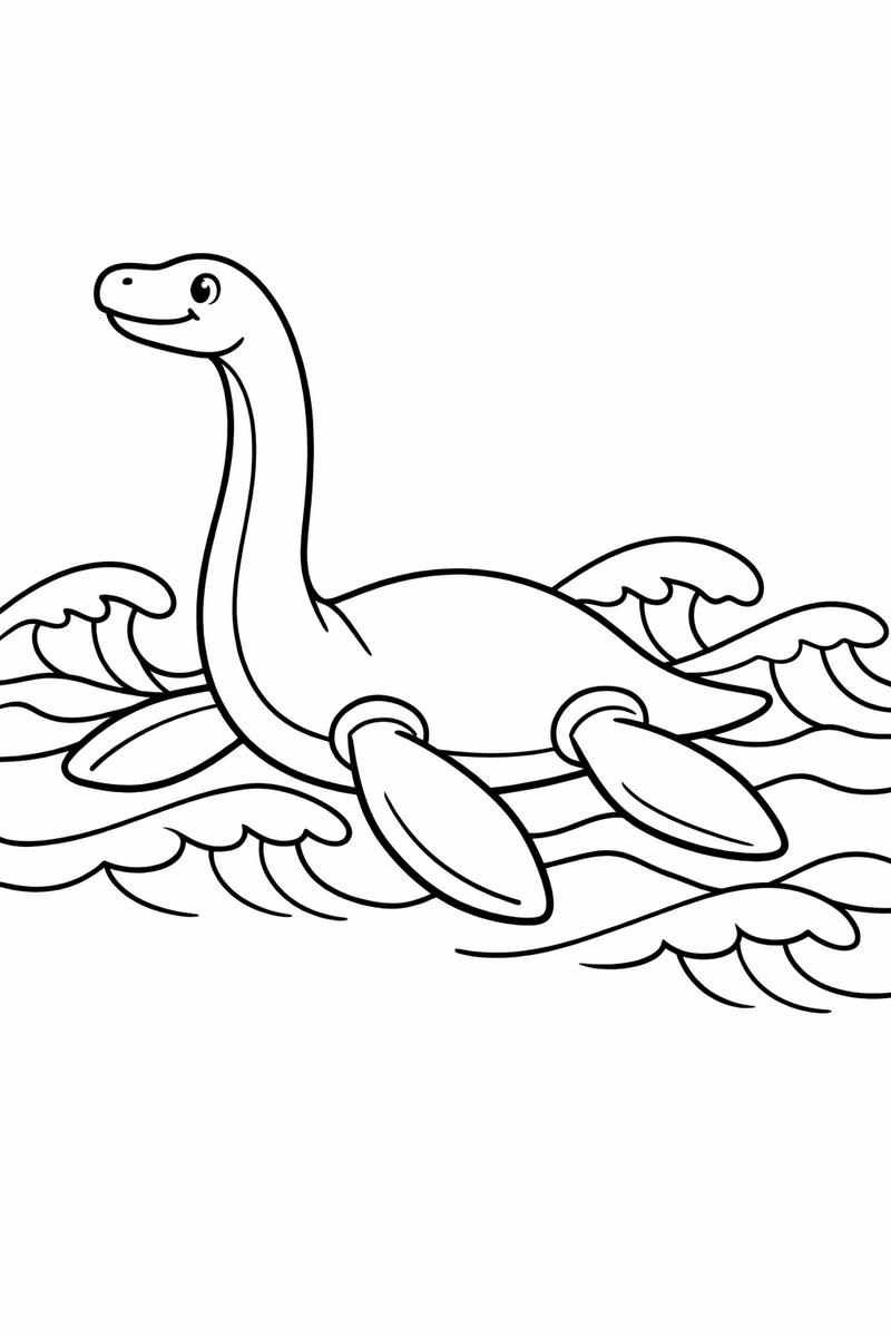 A long-necked plesiosaur gliding through gentle sea waves with four broad flippers and head lifted coloring page