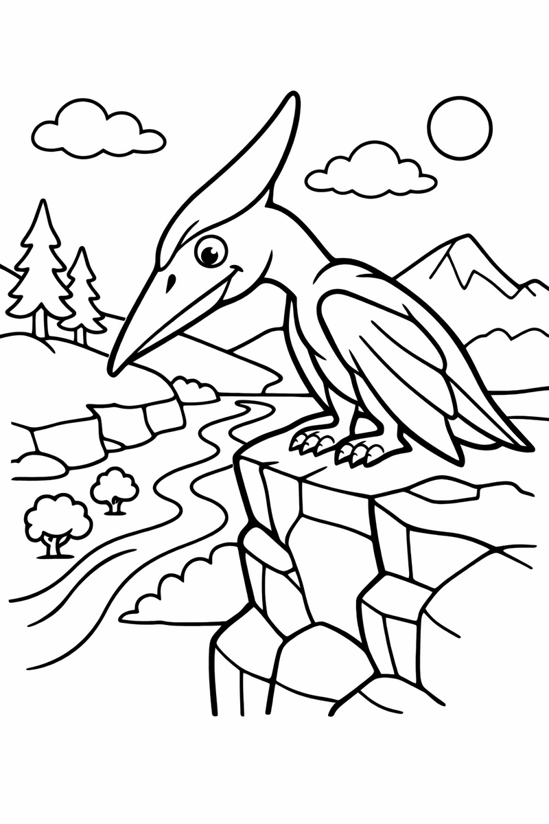 A crested pterodactyl perching on a rocky cliff edge with folded wings and head tilted toward the valley coloring page