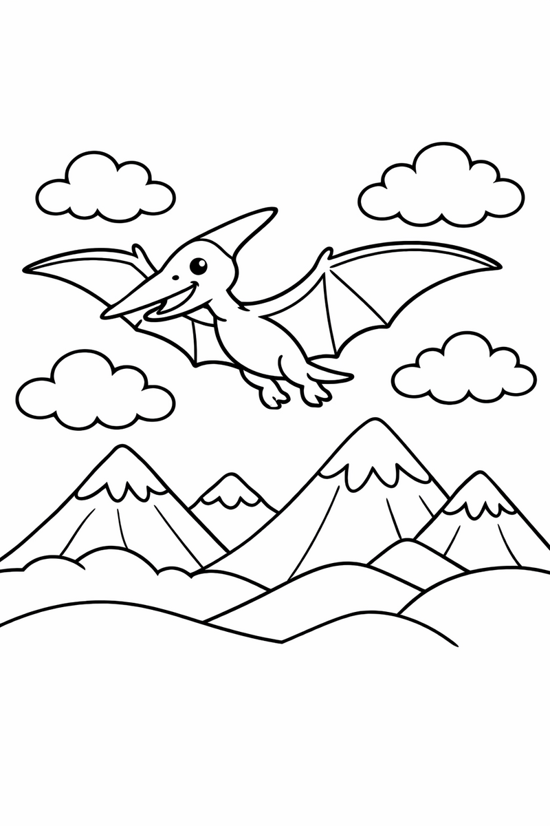 Dibujo de un pterodáctilo planeando entre nubes sobre montañas para colorear