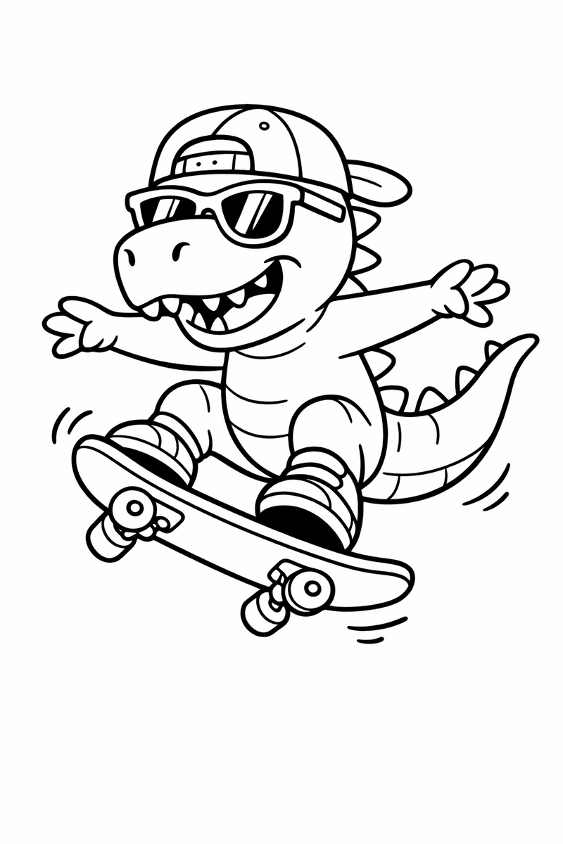 A cool little dinosaur balancing on a skateboard mid-trick with arms out and tail swishing coloring page