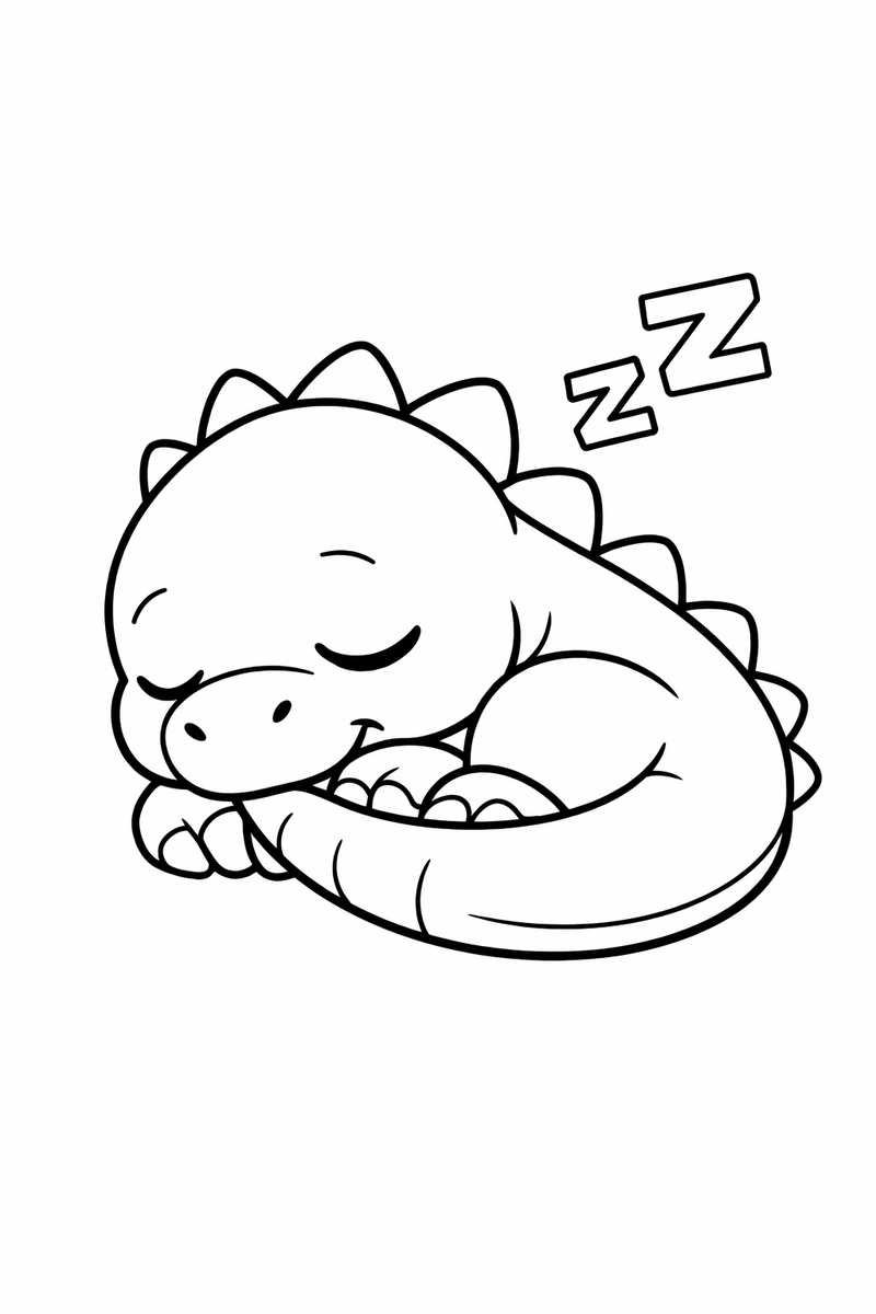 A tired dinosaur curled up on the ground with its tail wrapped around its feet and little Zs above coloring page