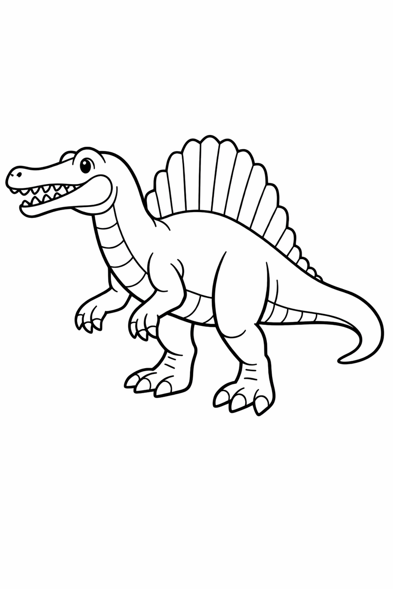 A tall spinosaurus showing the big sail of spines along its back and a long crocodile-like snout coloring page