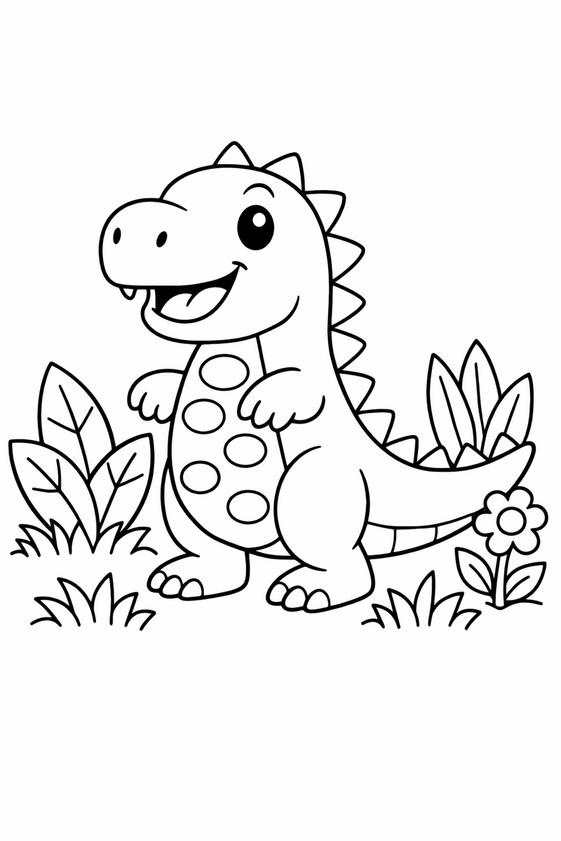 Dibujo de dinosaurio sonriente con manchas y plantas para colorear