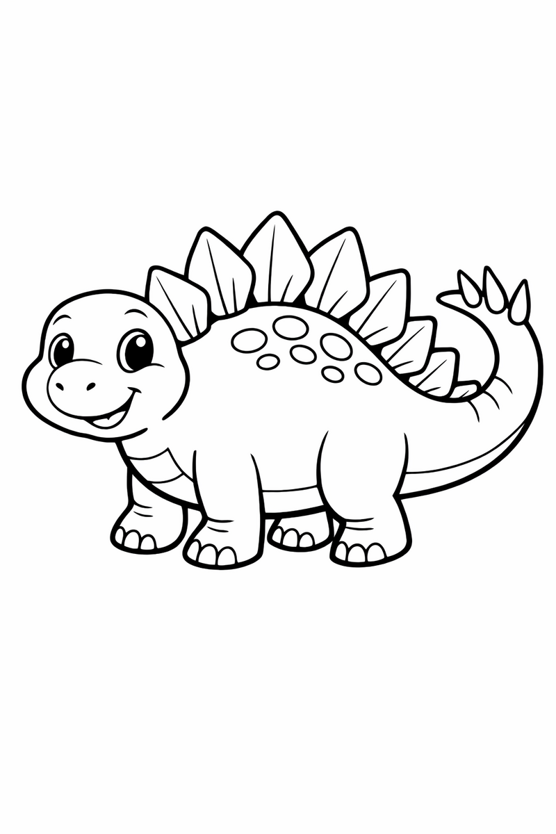 Dibujo de un estegosaurio sonriente con grandes placas y cola rizada para colorear