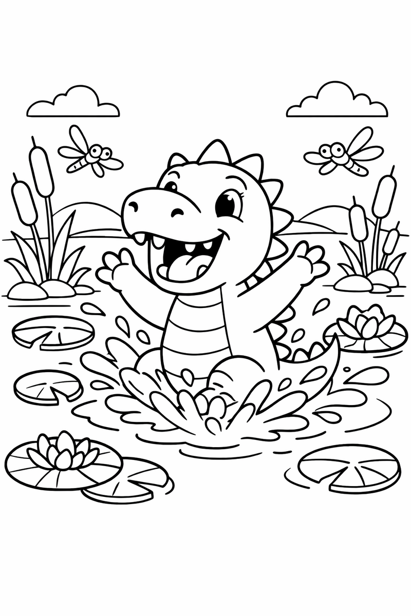 Dibujo de un dinosaurio chapoteando feliz en un pantano con nenúfares para colorear