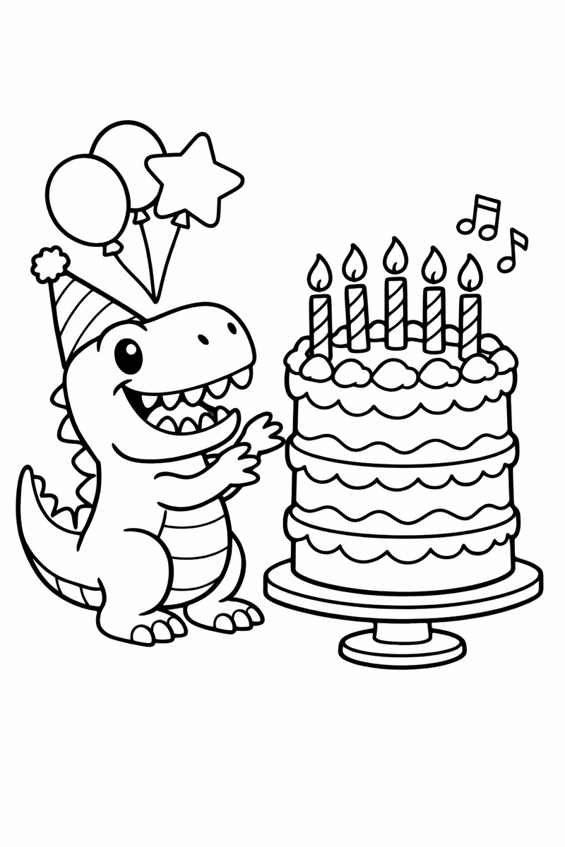 A party-ready T-Rex in a cone hat grinning beside a tall layer cake with tiny arms reaching for candles coloring page