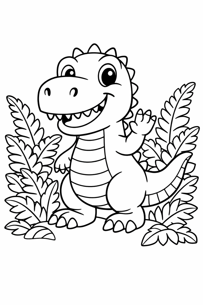 Dibujo de un T-rex simpático de bracitos cortos saludando entre helechos para colorear