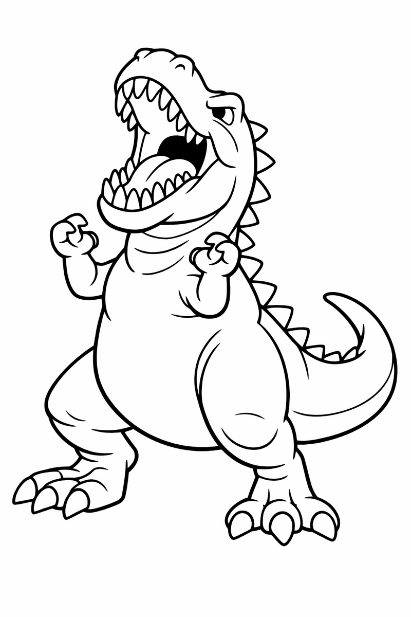 A mighty T-Rex rearing back with jaws wide open in a great roar and tiny arms raised coloring page