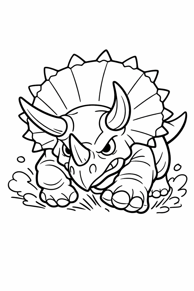 A powerful triceratops lowering its three horns and broad frilled shield as it charges ahead coloring page