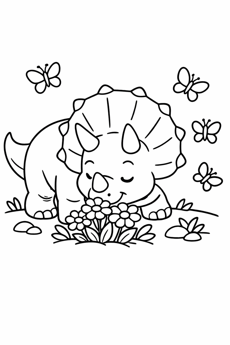Dibujo de un triceratops oliendo flores con mariposas alrededor para colorear