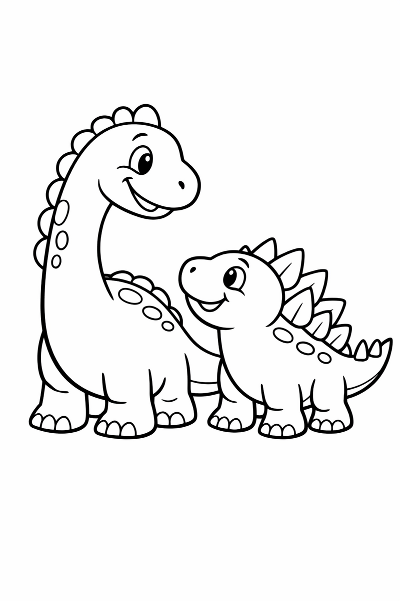 Two friendly dinosaurs standing side by side smiling at each other, one tall and one small and spiky coloring page