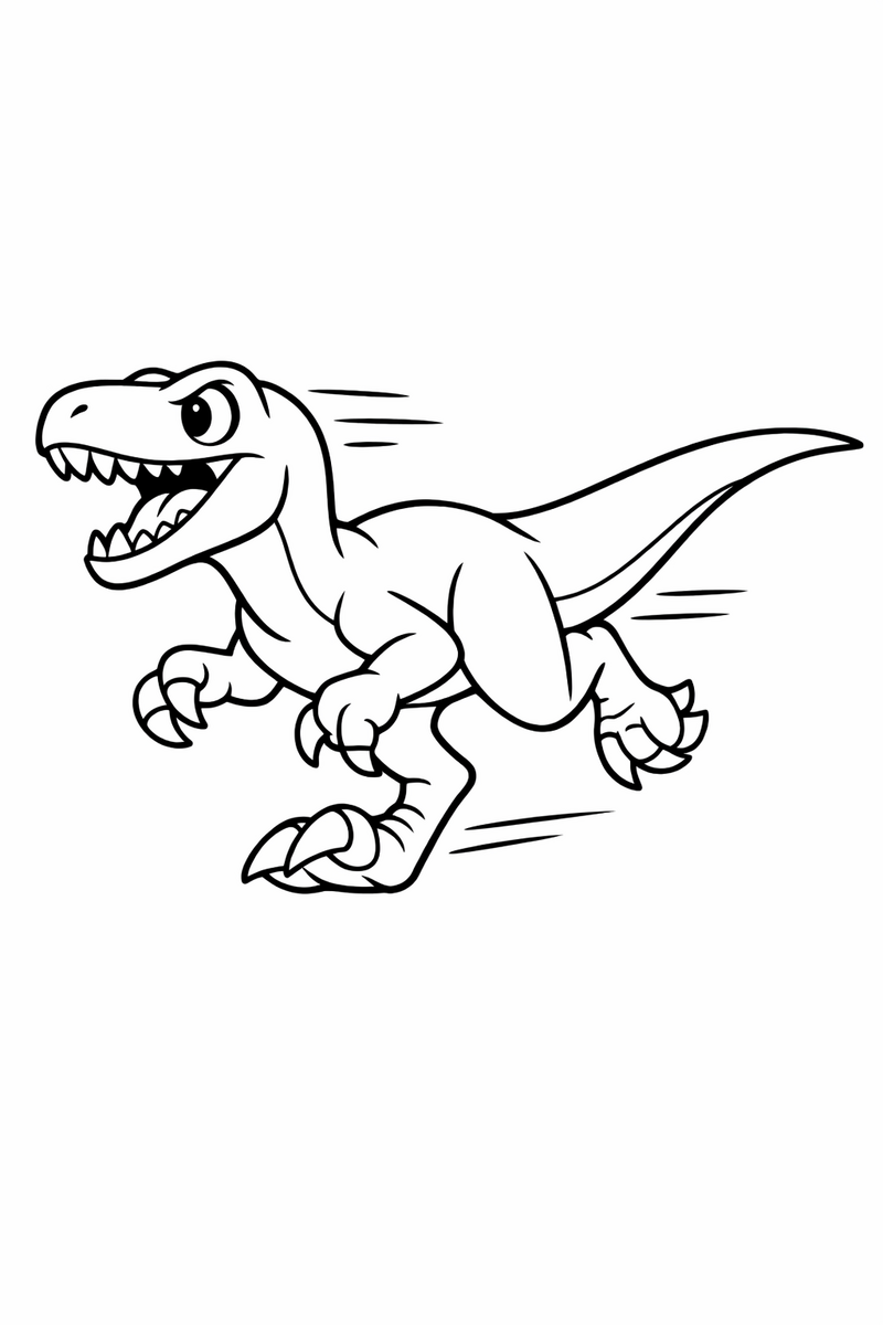 A quick velociraptor dashing forward on two clawed feet with its tail out and jaws open coloring page