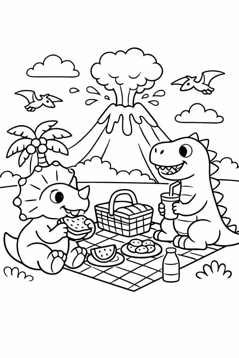 Dibujo de dos dinosaurios de pícnic con un volcán humeante detrás para colorear