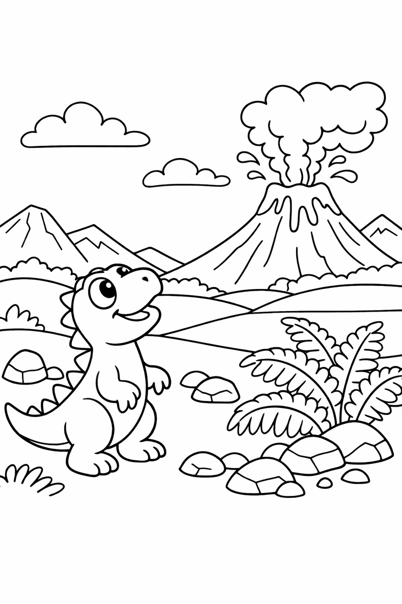 A curious dinosaur looking up at a smoking volcano across a prehistoric valley with ferns and rocks coloring page