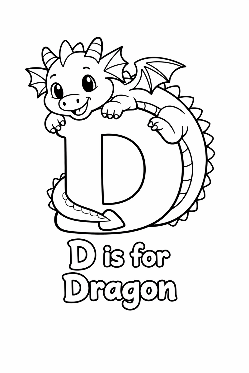 A big bubble letter D with a cute cartoon dragon coiling around it and the words D is for Dragon lettered underneath coloring page