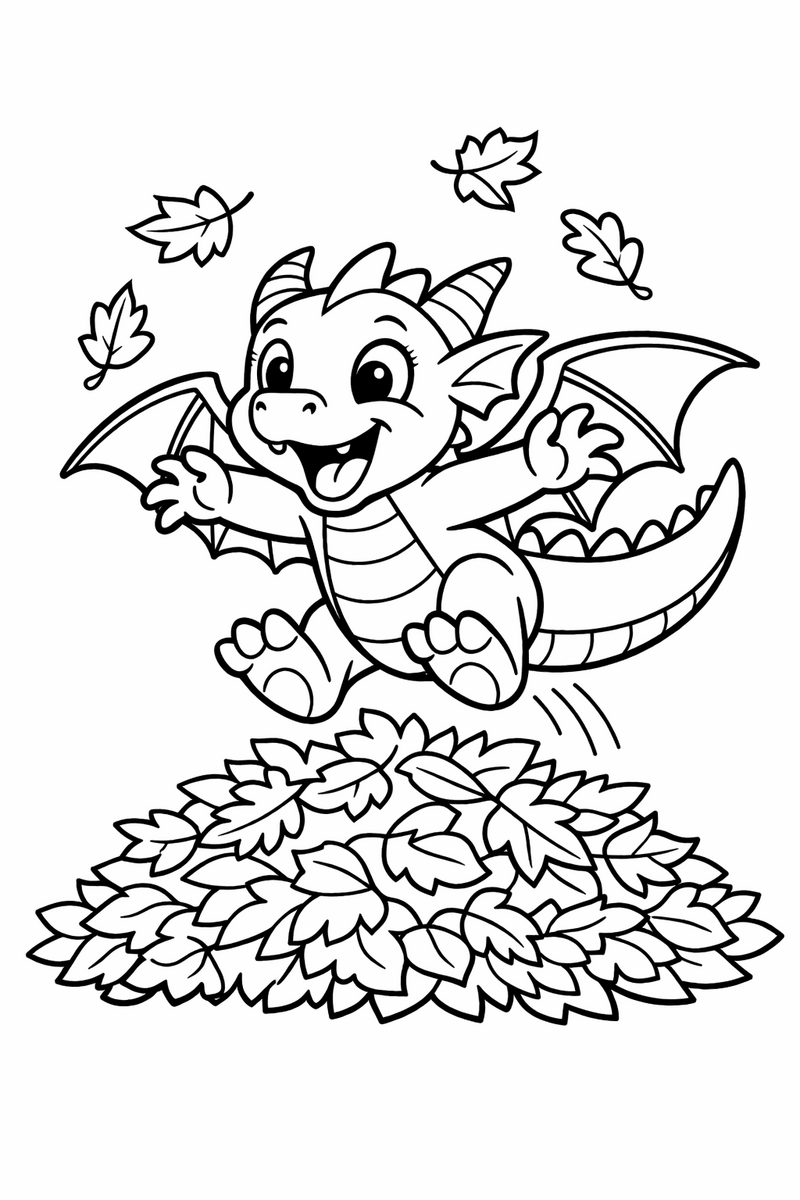 A playful dragon leaping into a big pile of fallen autumn leaves with a few leaves swirling up around its wings coloring page