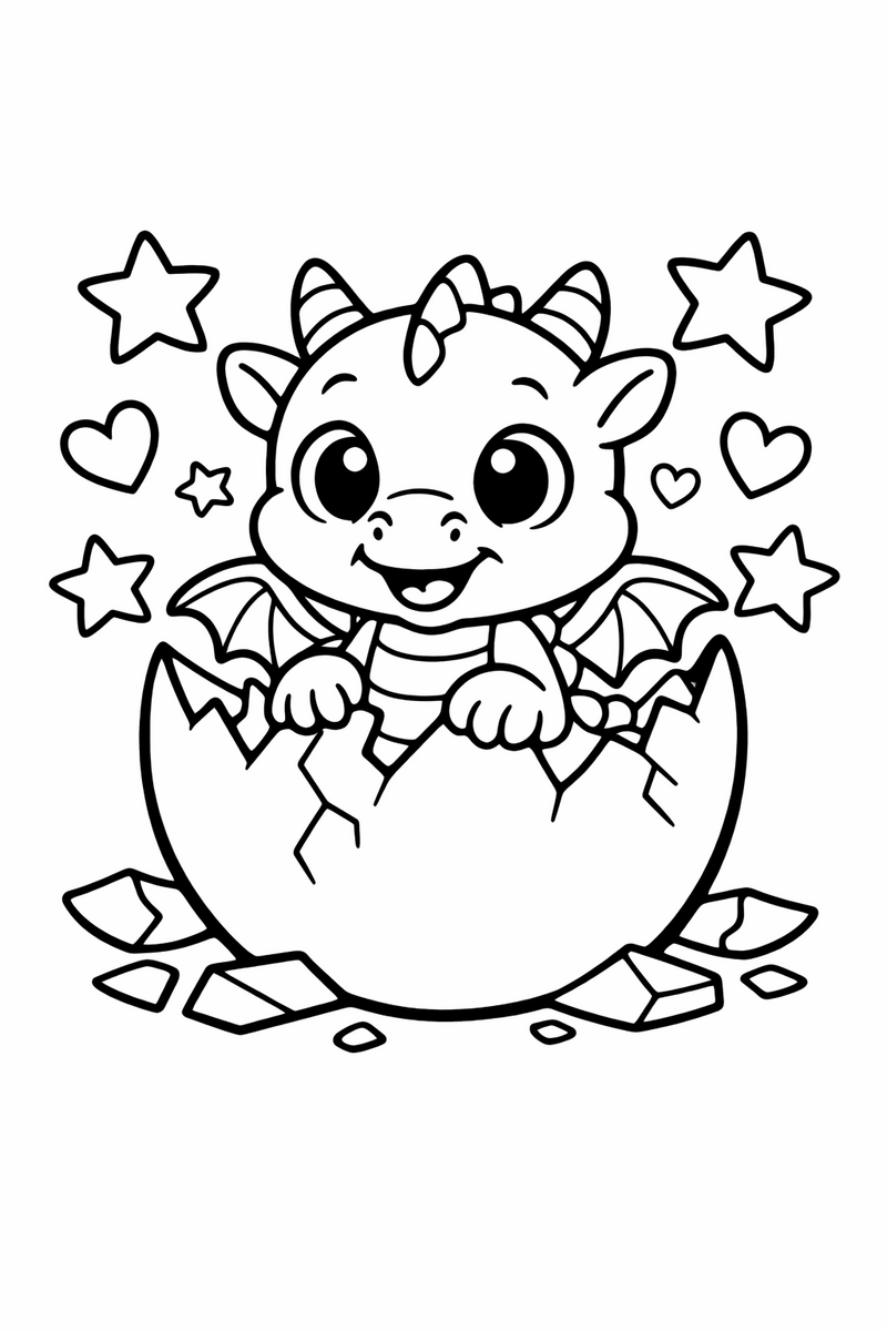 A cute baby dragon hatching from a cracked egg surrounded by stars and little hearts, simple shapes with thick lines coloring page