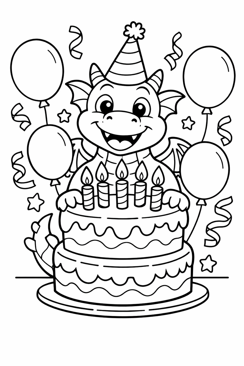 A joyful dragon wearing a pointed party hat behind a tall birthday cake with candles and balloons and streamers around it coloring page