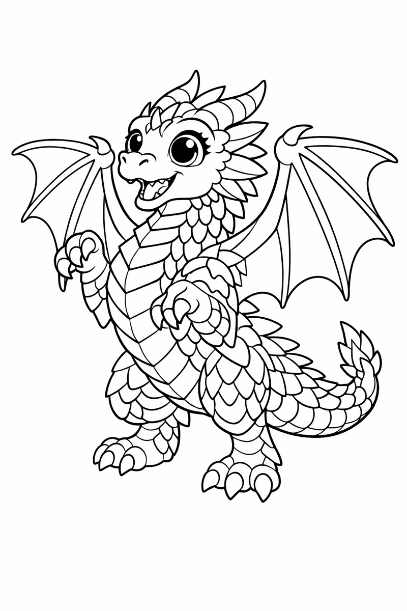 A majestic white dragon with large expressive eyes, layered armored scales, powerful outstretched wings and clawed hands rearing up proudly coloring page