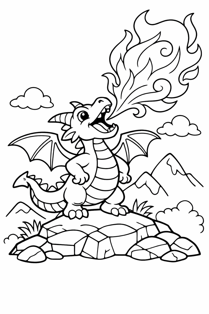 A cheerful dragon with spread wings standing on a rocky hill breathing a big swirl of flame into the sky coloring page