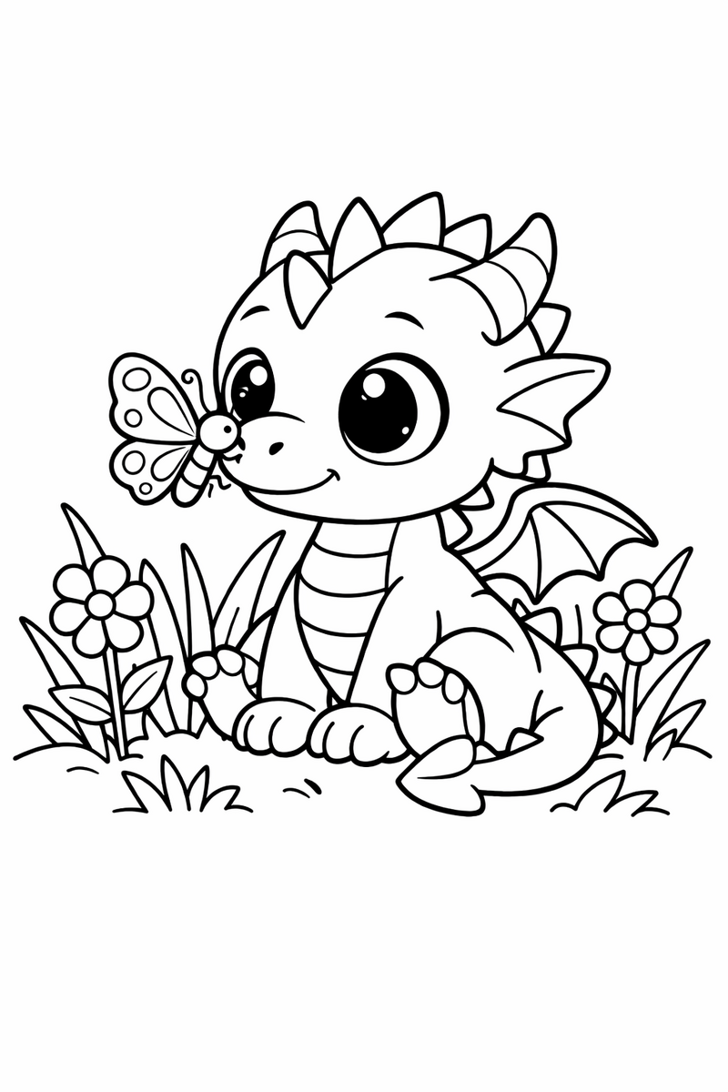 A tiny wide-eyed dragon sitting very still while a plump butterfly rests on the tip of its snout among tall grass coloring page