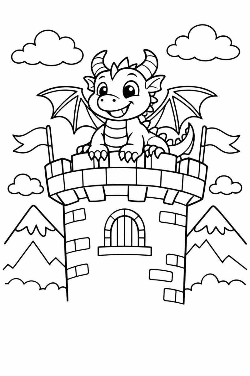 A dragon perched on top of a round castle tower with flags, with mountains and clouds in the background coloring page